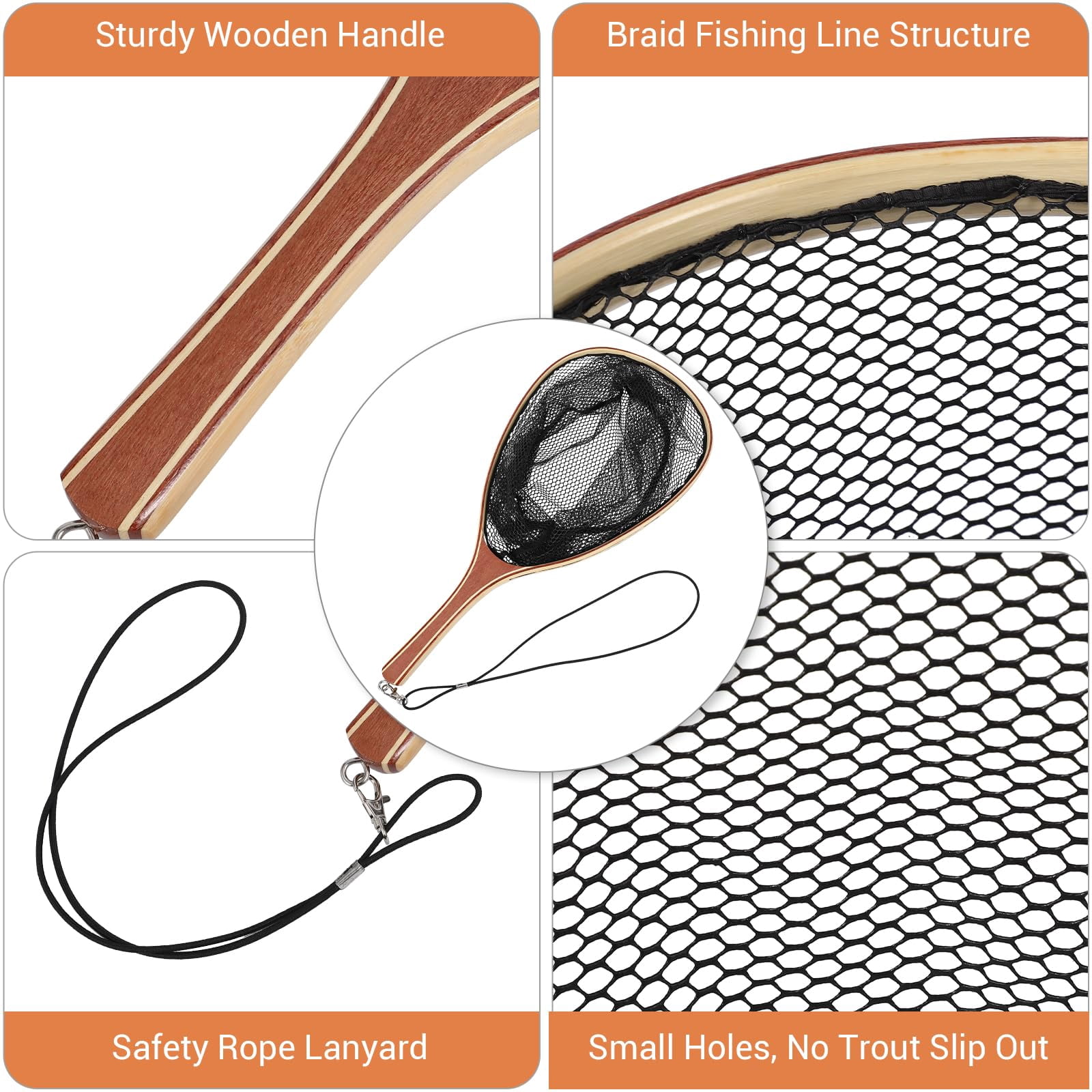 Fly Fishing Net Trout Net, Soft Mesh Fishing Net, Fish Landing Net with Safety Rope Lanyard, Lightweight Catch and Release Net for Trout, Bass,58.5*27*1.8cm
