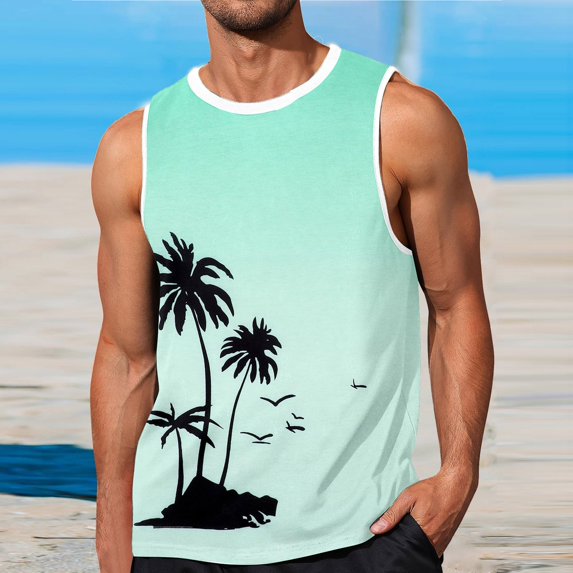 XIAOCHA Tree Print Tank Top For Men Round Neck Sleeveless Gradient Casual Beach Vest