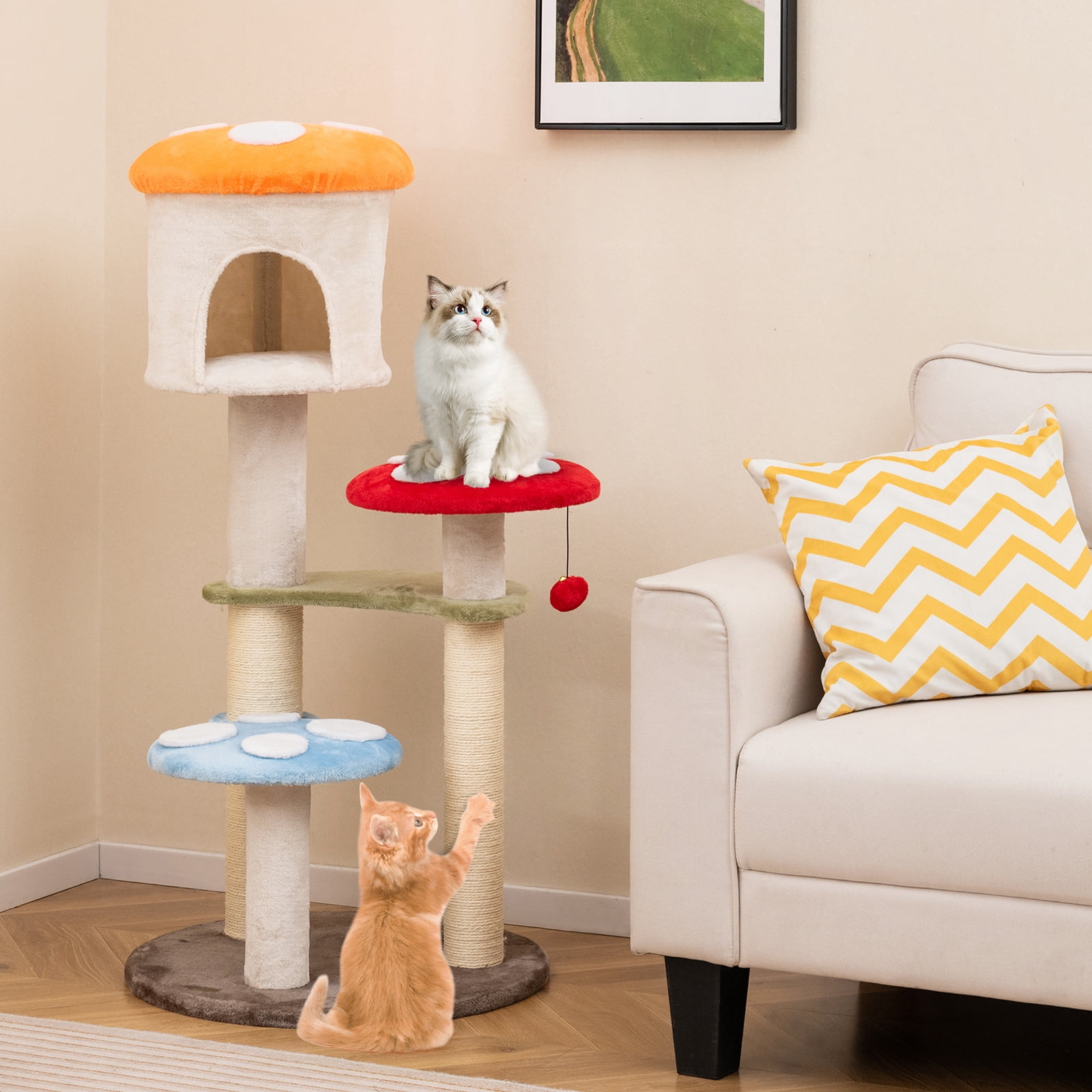 Gymax Cute Mushroom Cat Tree 48'' Tall Cat Tower w/ Sisal Scratching Posts Top Condo