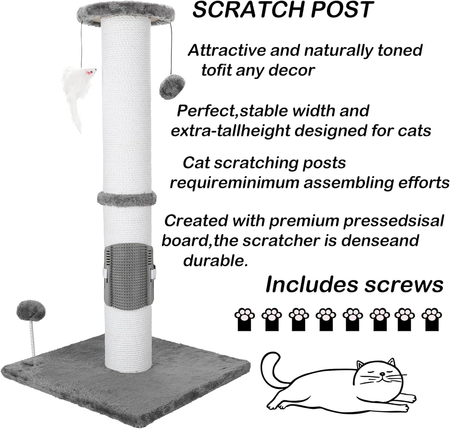 Cat Scratching Post 34 Inchs Cat Self Gromming with Dangling Toys and Sisal Rope, Grey