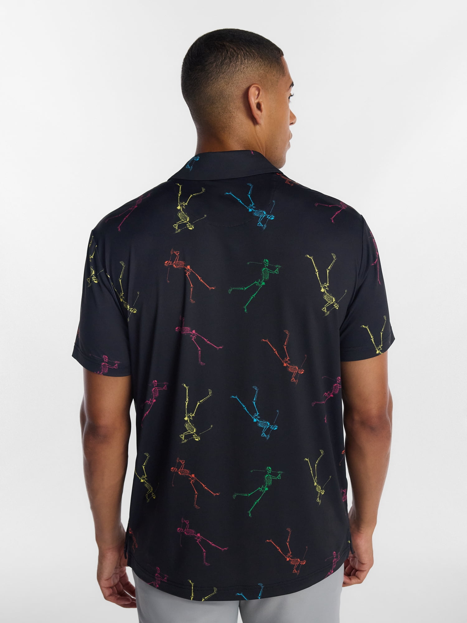 Birdie Bound Halloween Spooky Skeleton Print Golf Polo Shirt, Men's Sizes S-4XLT