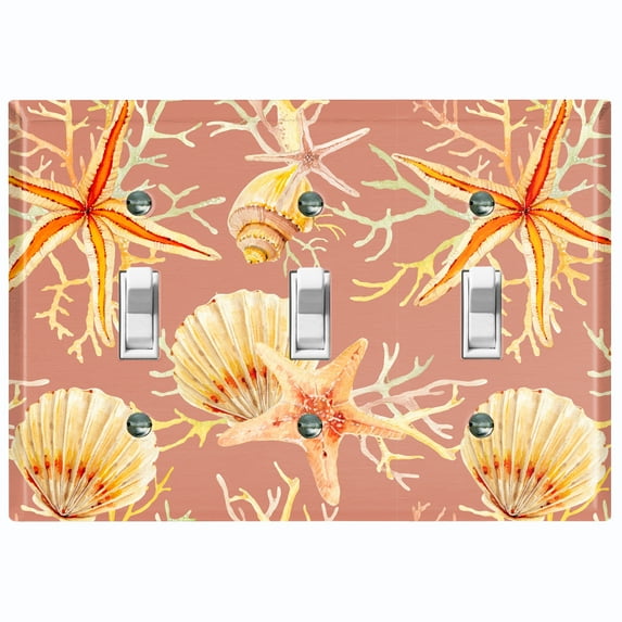 Metal Light Switch Wall Plate Outlet Cover (Ocean Sea Star Fish Shell Coral Clam Peach - Triple Toggle)