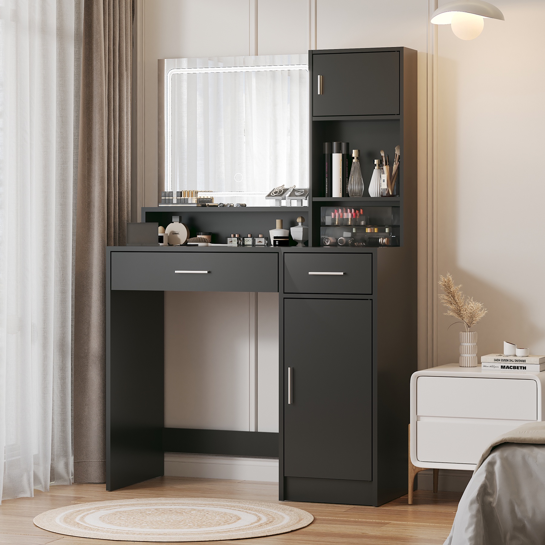 PORKISS Vanity Desk with Mirror and Lights, 3 Lighting Modes Adjustable, Wooden Makeup Vanity with 2 Large Drawers and 3 Level Storage Dresser, Dressing Table for Bedroom, Black