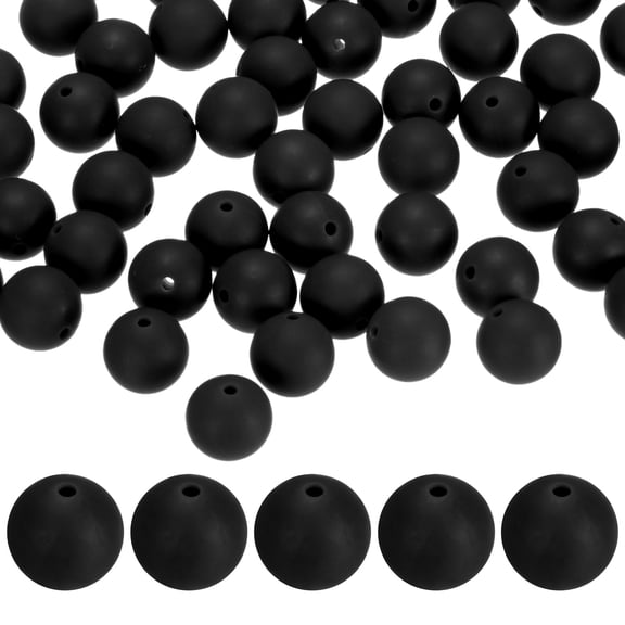 50-Pack Silicone Beads 15mm Black Round Loose Rubber Beads for DIY Crafts/Bracelet/Necklace