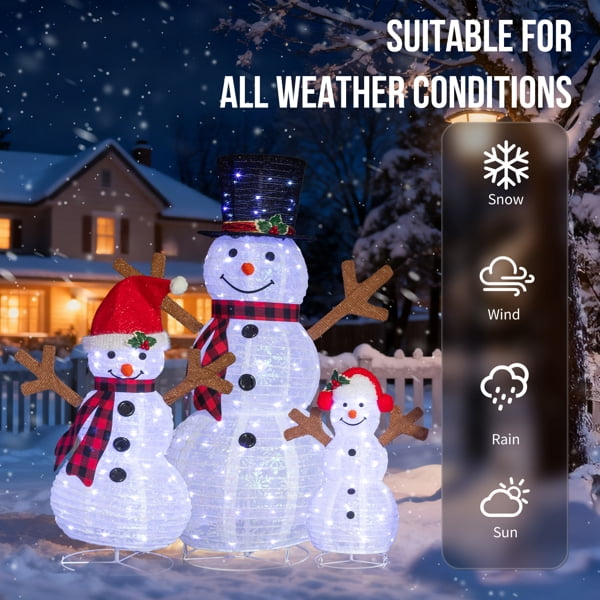 3-Pack Lighted Snowman Family Christmas Decorations, 270 White LEDs, Weather-Resistant Metal Frame, for Indoor, Outdoor Use