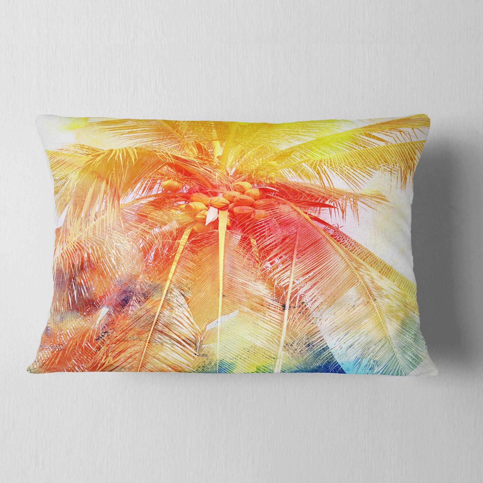 Designart Retro Palm Red Yellow Watercolor - Trees Painting Throw Pillow - 12x20