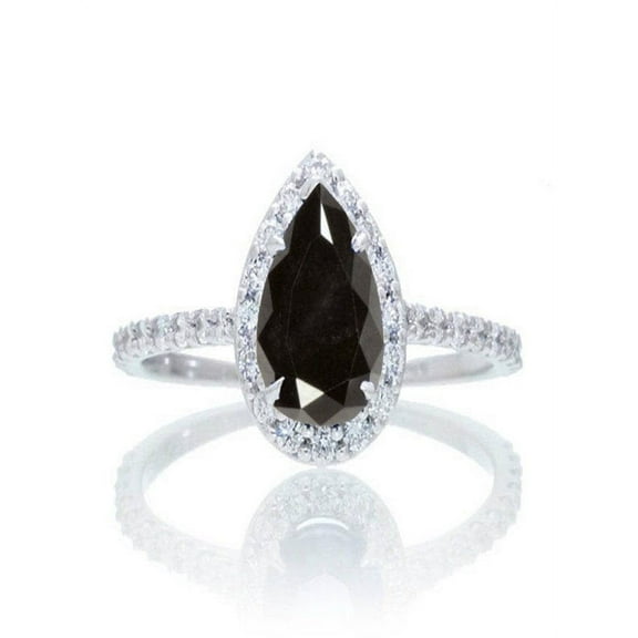 1.5 Carat Classic Pear Cut Black Diamond With Diamond Celebrity Engagement Ring in 14k White Gold
