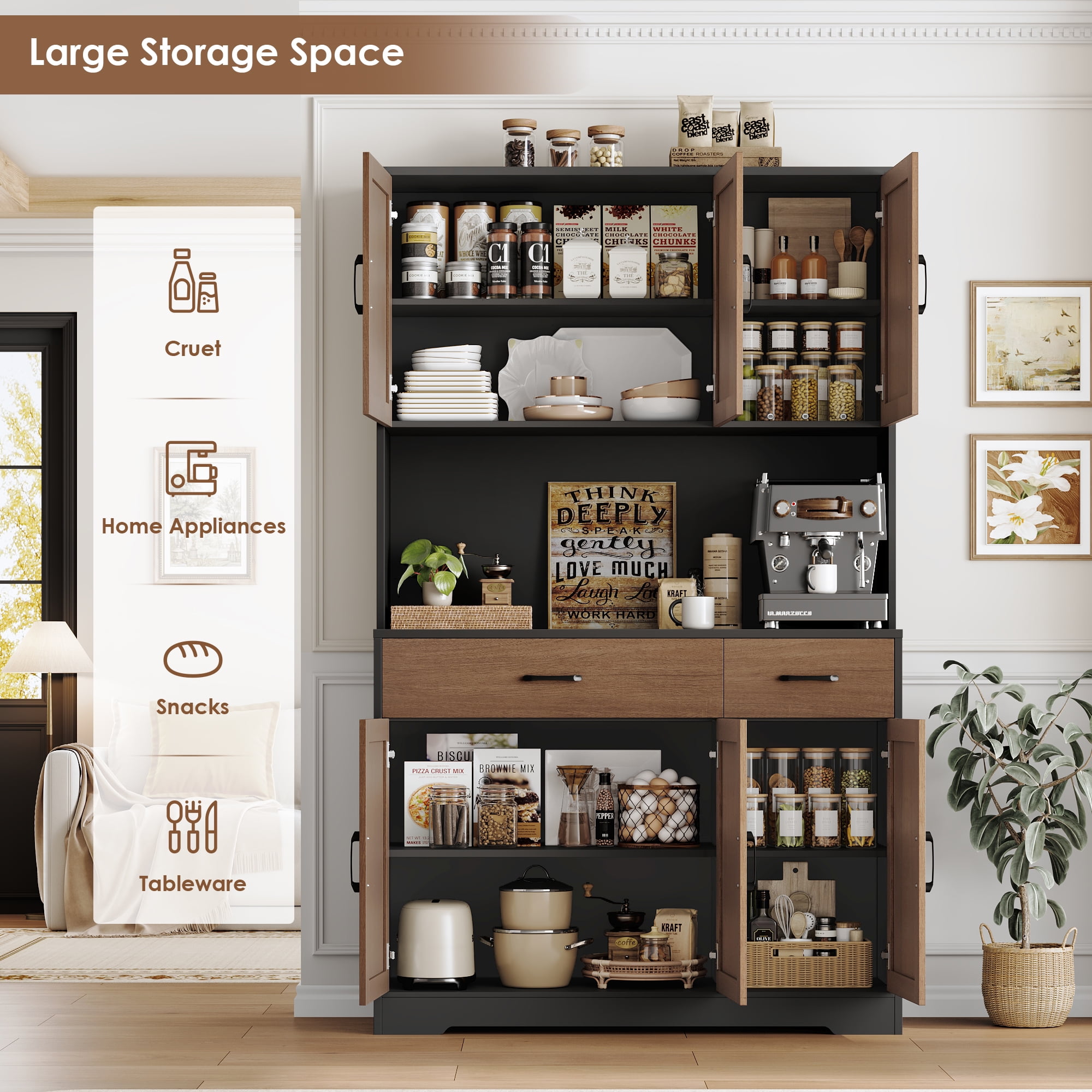 Homfa 71" Kitchen Pantry with Charging Station, Freestanding Cupboard with Adjustable Shelves, Floor Cabinet for Dining Room, Black&Brown