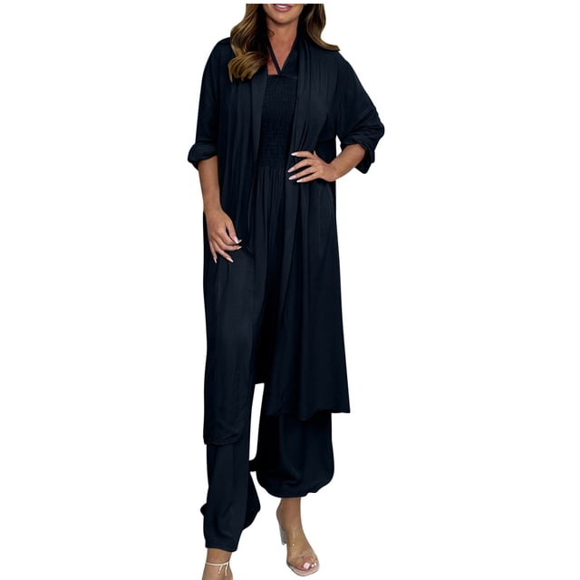Timegard Vacation Outfits for Women 2 Piece Lightweight Open Front Long Top Wide Leg Rompers Sets