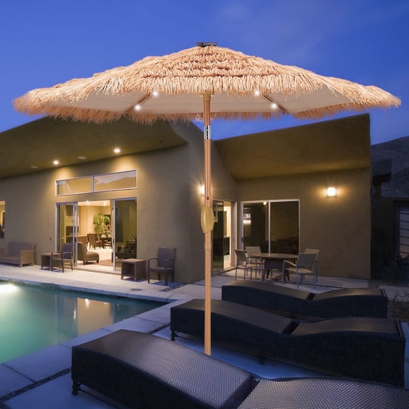 Ainfox 7.5ft Boho Fringe Thatched Tiki Patio Umbrella with Led Solar Lights, Hawaiian Outdoor Bar Umbrella, Water Resistant Canopy for Beach Pool Backyard Deck