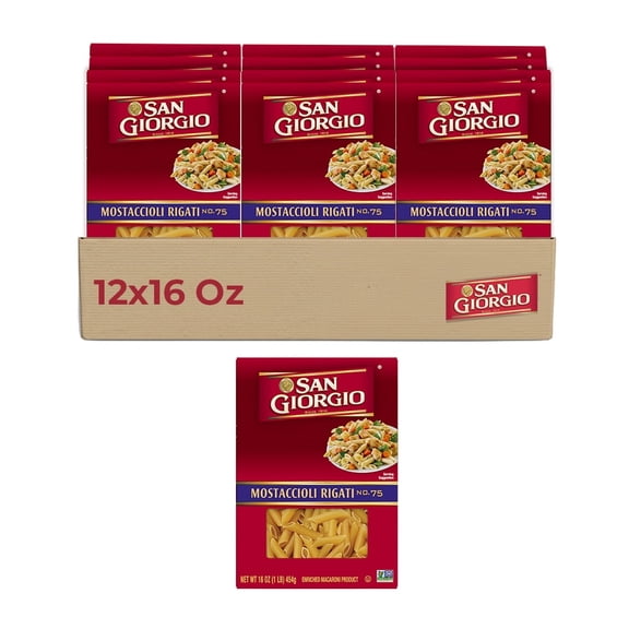 San Giorgio Mostaccioli Rigati Pasta, 12-Pack (16 oz Each) – Classic Ridged Tube Pasta for Hearty Sauces & Baked Dishes