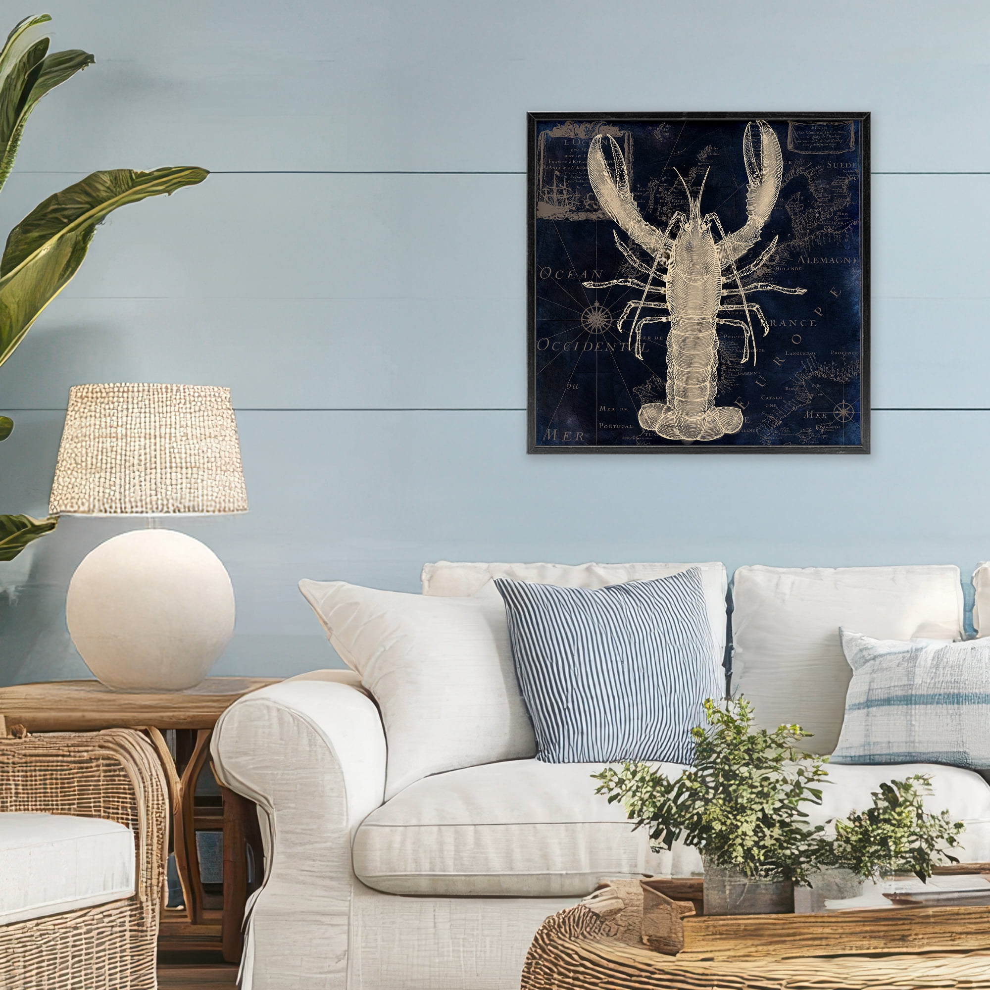 Lobster Contour over Map Black Framed Giclee Art, design by Sasha