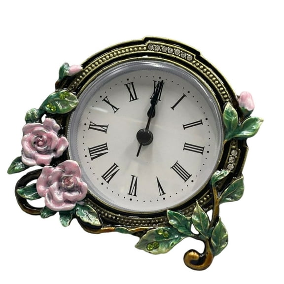 Small Analog Table Clock Quiet Desk Clock Metal Florals Body Case Operated Desk Clock for Shelf Bedroom Bedside