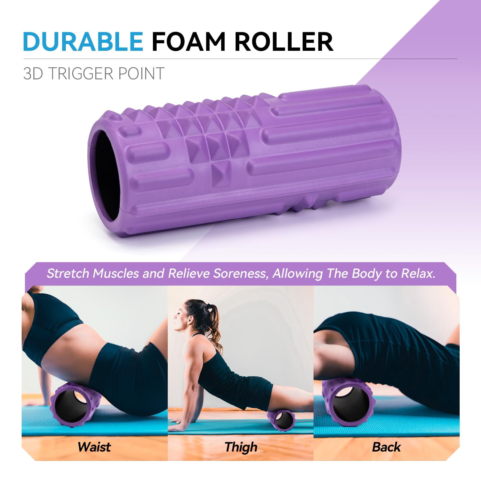 5 In 1 Foam Roller Set  High Density Fitness Exercise For Deep Tissue Massage Ball Resistance Band Whole Body(purple)