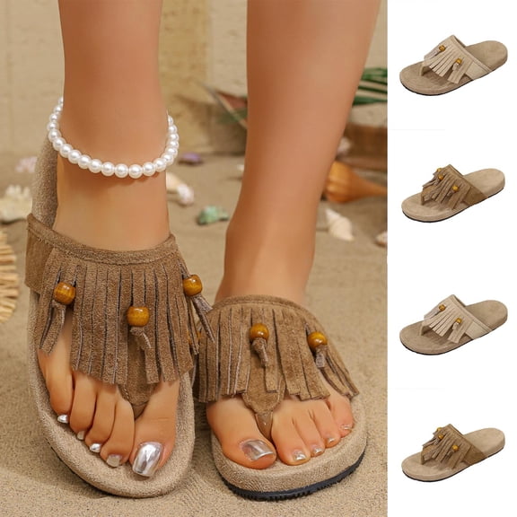 Women's Fringe Thong Flip Flops, Plus Size Comfortable Casual Flat Sandals for Summer