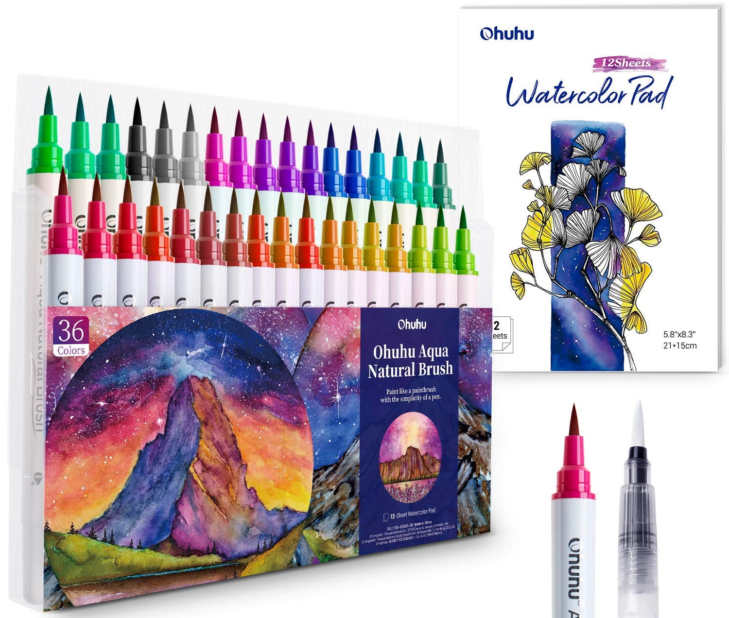 Watercolor Brush Pens 20 Pre-Filled Color Markers With Real Tips Coloring Wrap 