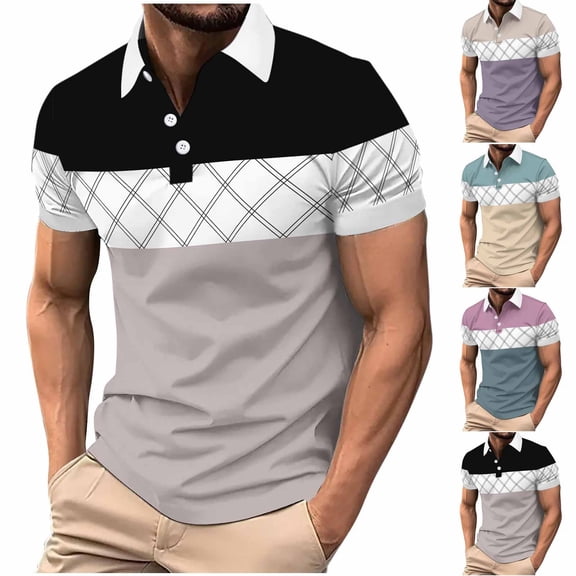 YHAJDS Men Long Sleeve Polo Shirt Color Block Button Collared Casual Summer Top