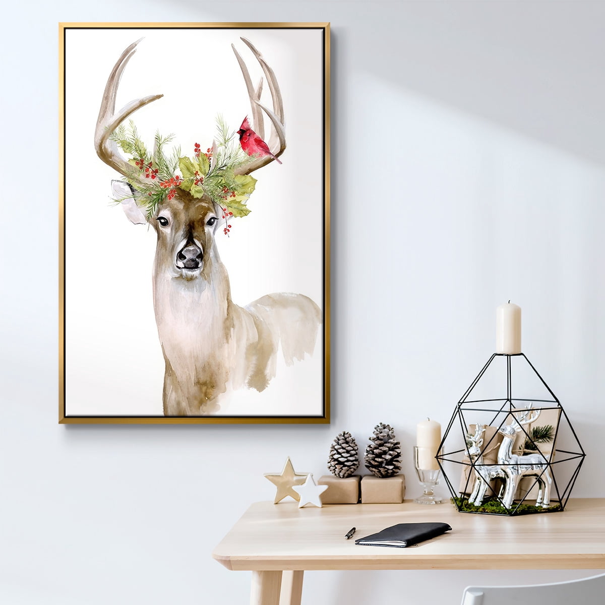 Holiday Deer I - Framed Gallery Wrapped Holiday Canvas - 27 x 41 - Gold Frame