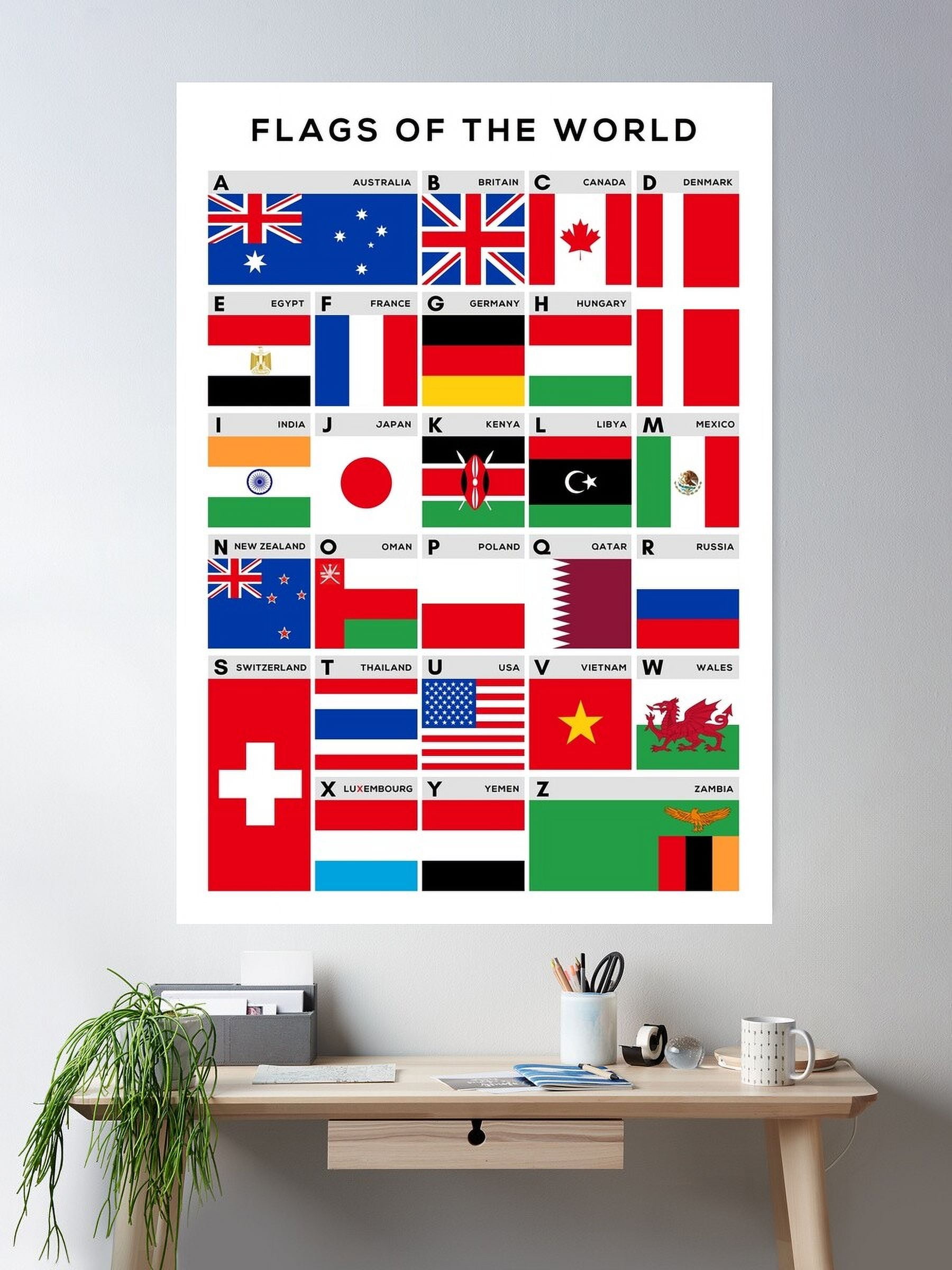 Flags Of The World Picture Chart - A-Z Of Flags Poster Wall Art, Modern Wall Decor For Living Room Bedroom, 16x24 UNFRAMED