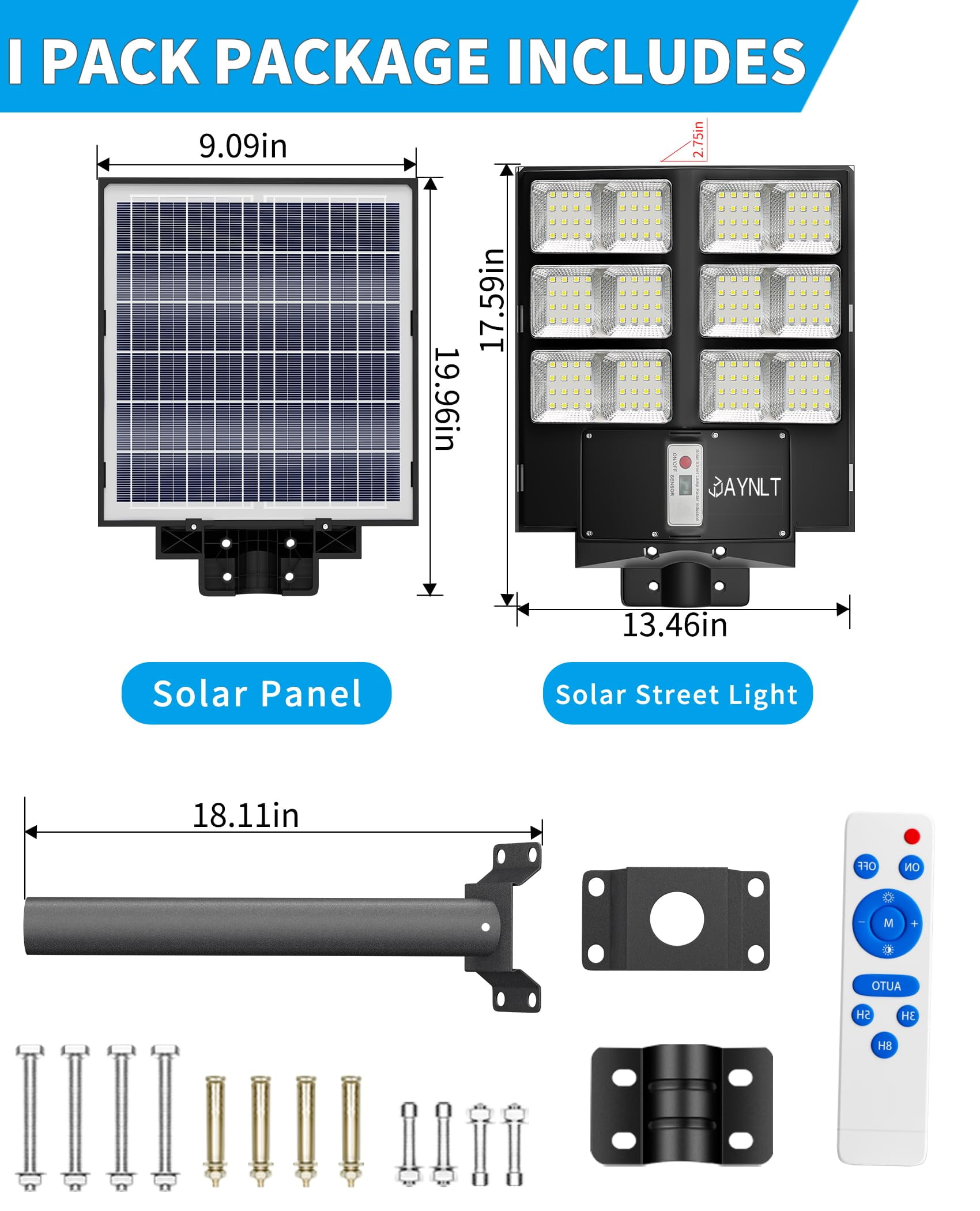 Bjsuc Solar Street Light - LED Security Street Outdoor Courtyard Lights, Super Bright 200000LM Commercial Parking Lot Light with Motion Sensor for Path, Porch