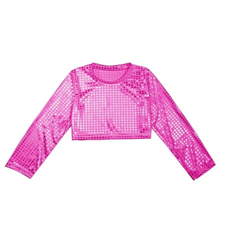 

KDFJPTH Children s Dance Polka Dot Sequin Long Sleeved Performance T Shirt Top Festival Party Costum Girls Soccer Blouse Girl