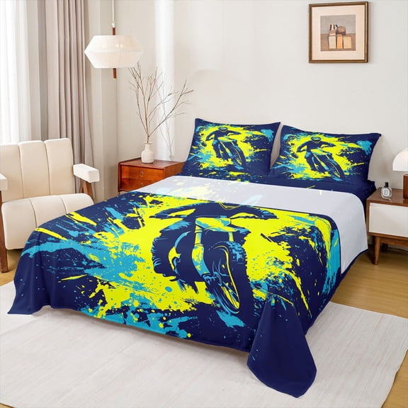 Homewish Dirt Bike Twin Sheet Sets 3pcs for Boys Girls,Extreme Sport Twin Fitted Sheet Microfiber,Graffiti Splash Breathable Flat Sheet,Ultra Soft Home Decor
