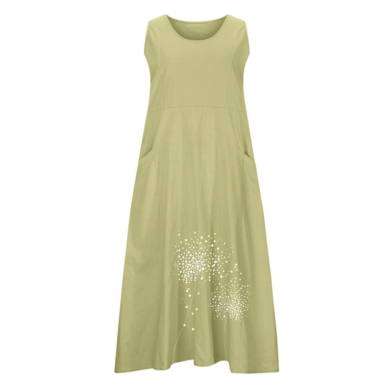 Uaswgudfs Summer Dresses for Women 2025 Round Neck Midi Dress  Dotted Hem  & Functional Pockets | Cotton-Linen Blend for Casual Chic Green XXXXXL -  Walmart.com
