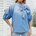 thumbnail image 3 of Hvot&aat Women's Bow Design Denim Pullover Mock Neck Puff Short Sleeve Tops Elegant Workwear Blouse, 3 of 7