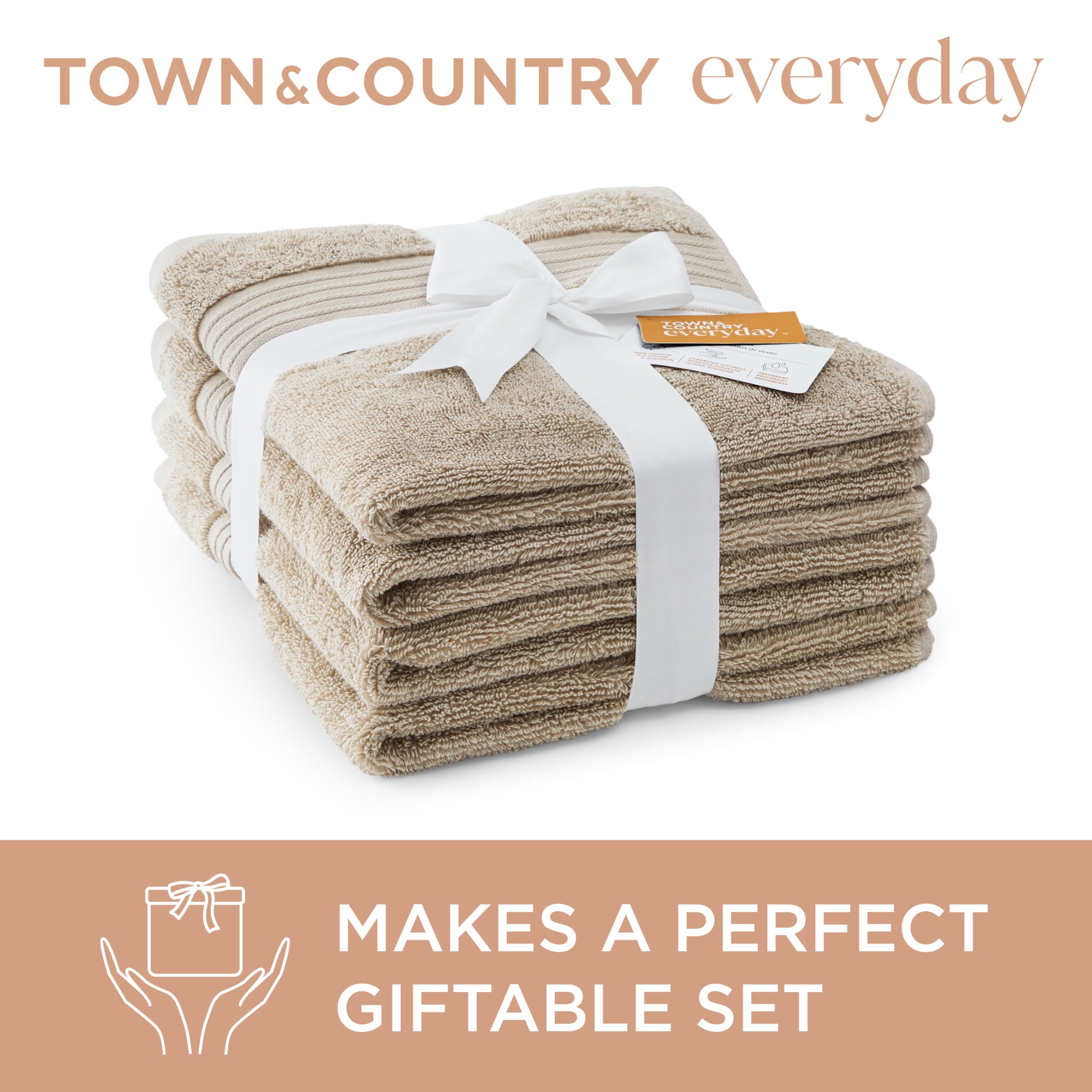 TOWN & COUNTRY EVERYDAY 4-Piece Solid Dobby Border Hand Towel Set, 20"x30", 100% Cotton, Plush & Absorbent 650GSM, Beige