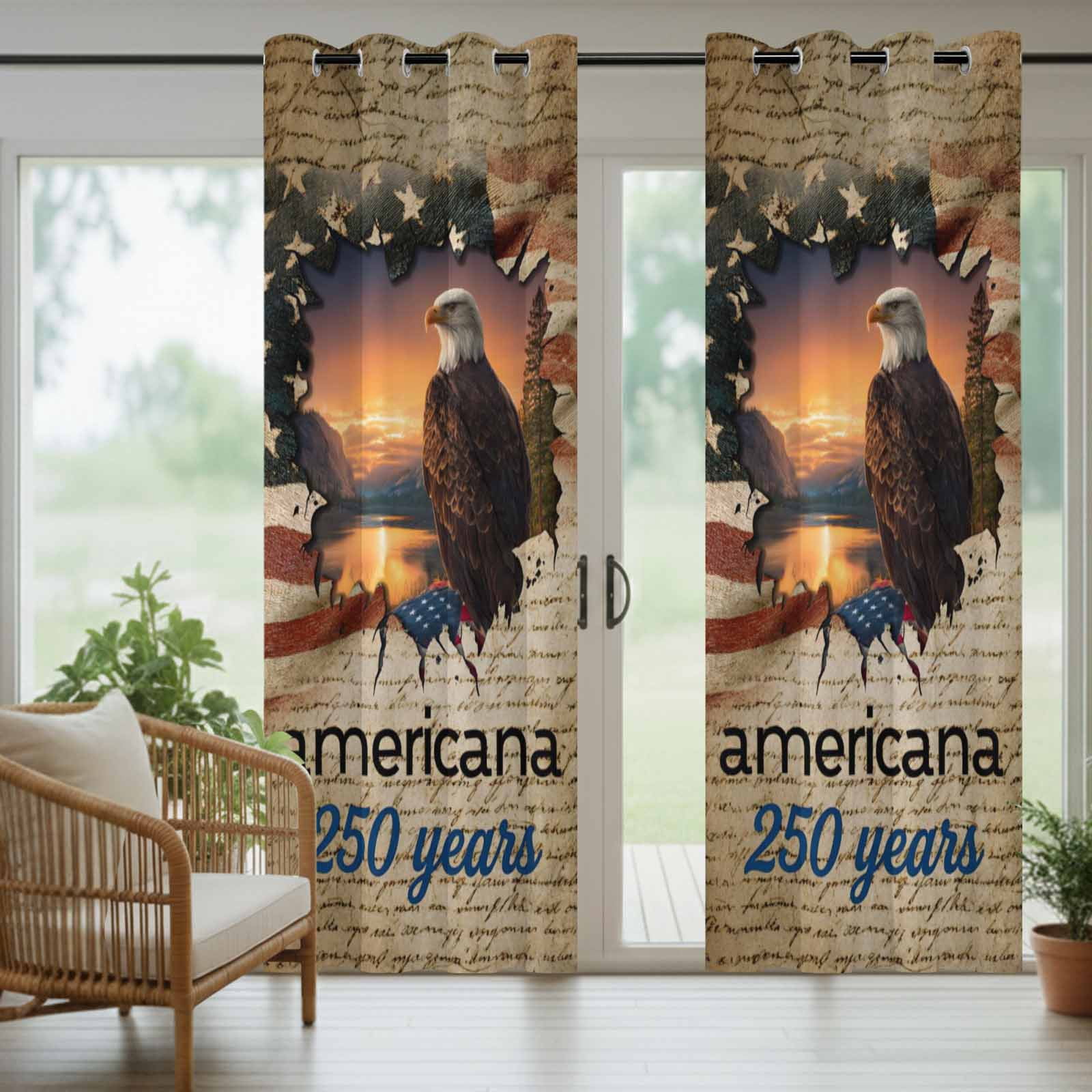 Independence Day Outdoor Curtains for Patio, Retro American Flag Eagle Sunset 250 Year Sunshade Privacy Drapes Grommet Waterproof Outside Curtains for Porch/Cabana/Balcony 54"x 108", 1 Panel