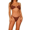 thumbnail image 1 of Conjuntos de bikini de dos piezas de color sólido con canalé para mujer, con tirantes finos y espalda descubierta, traje de baño en color marrón oscuro grande, 1 of 5