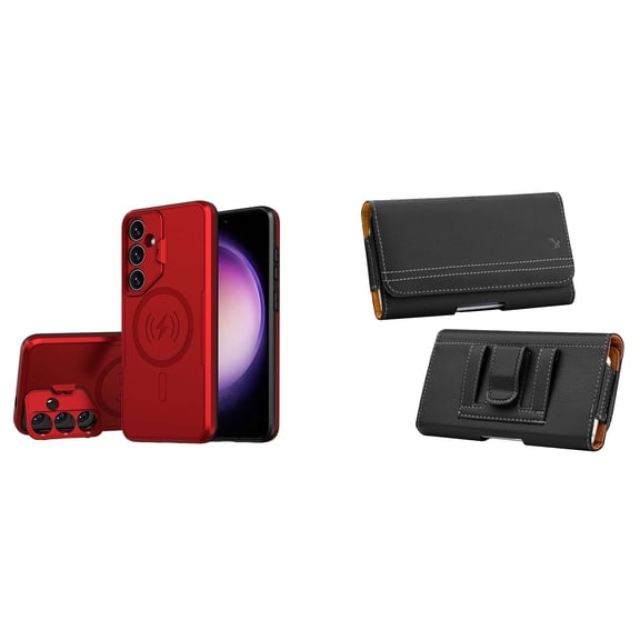 Bolt Alloy Series Case for Samsung Galaxy S24 Plus with Glass Screen Protector, Belt Clip Holster Carrying Pouch - Titan Red