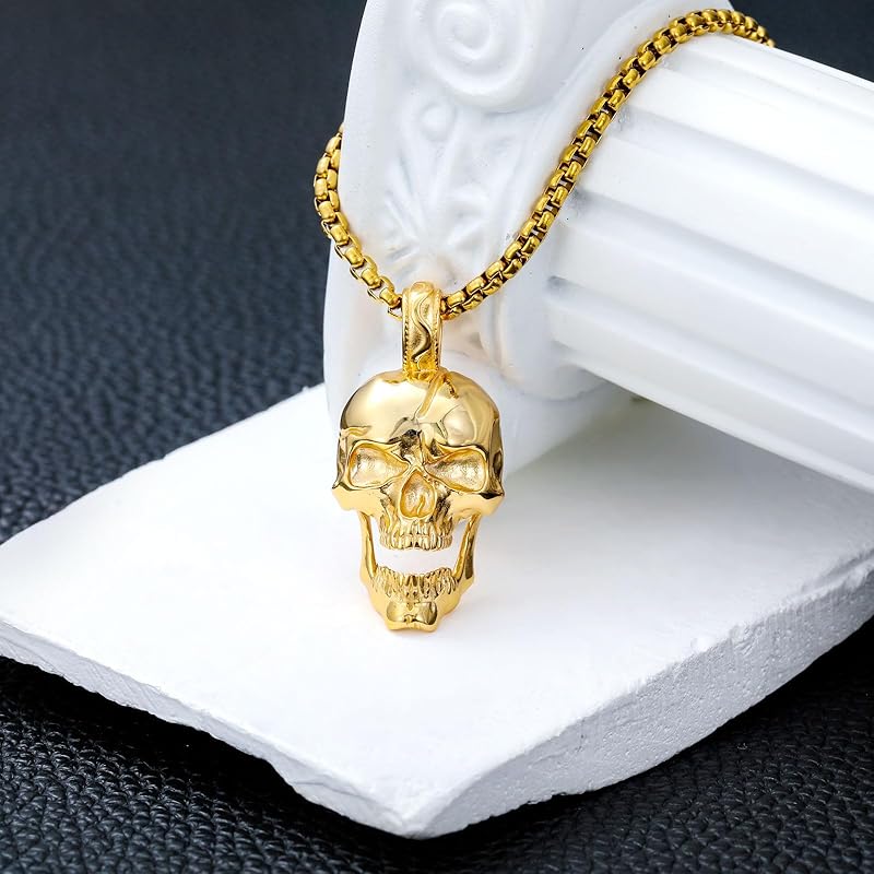 DVEATR Skull Head Necklace 925 Sterling Silver/18K Gold Plated/Black Gothic Skull Jewelry for Men, with Stainless Steel Chain 22+2 Inch