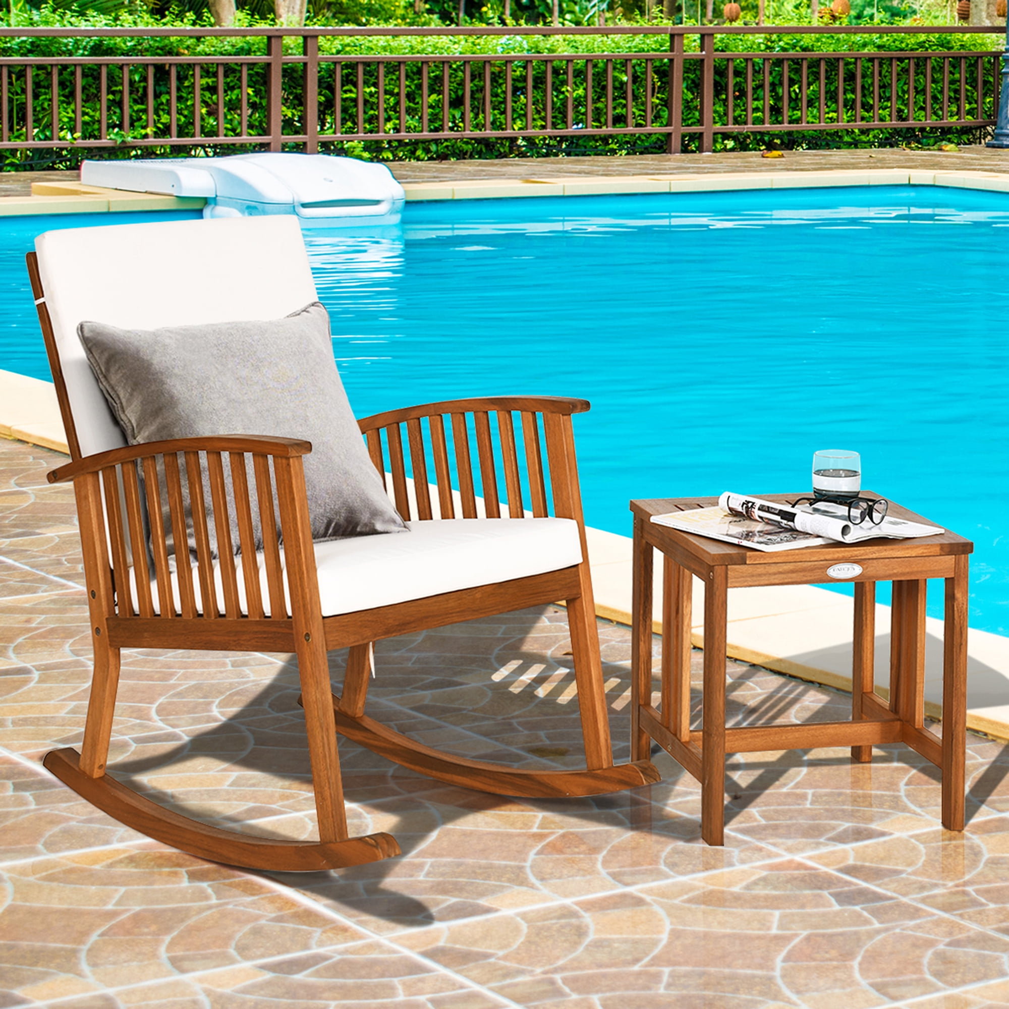 Gymax 2PCS Patio Wooden Rocking Chair Set Garden Outdoor w/ Coffee Table Cushion