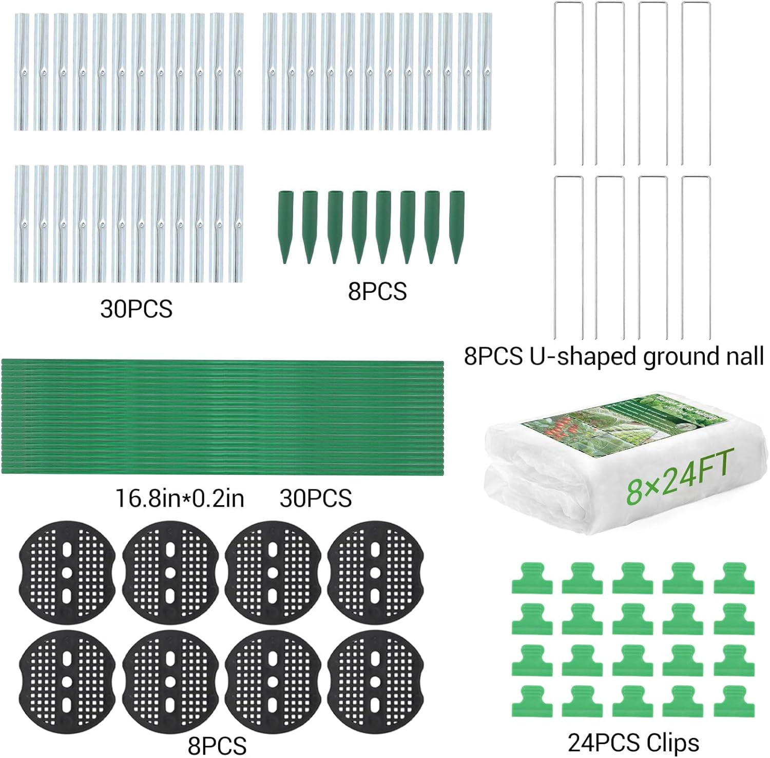 Garden Netting Kit, 8 x 24 ft Fruit Tree Mesh Netting with 5 Sets Fiberglass Garden Hoops & 20 Clips, Insect Bird Barrier Cover for Vegetable, Fruit, Flowers Protection, White