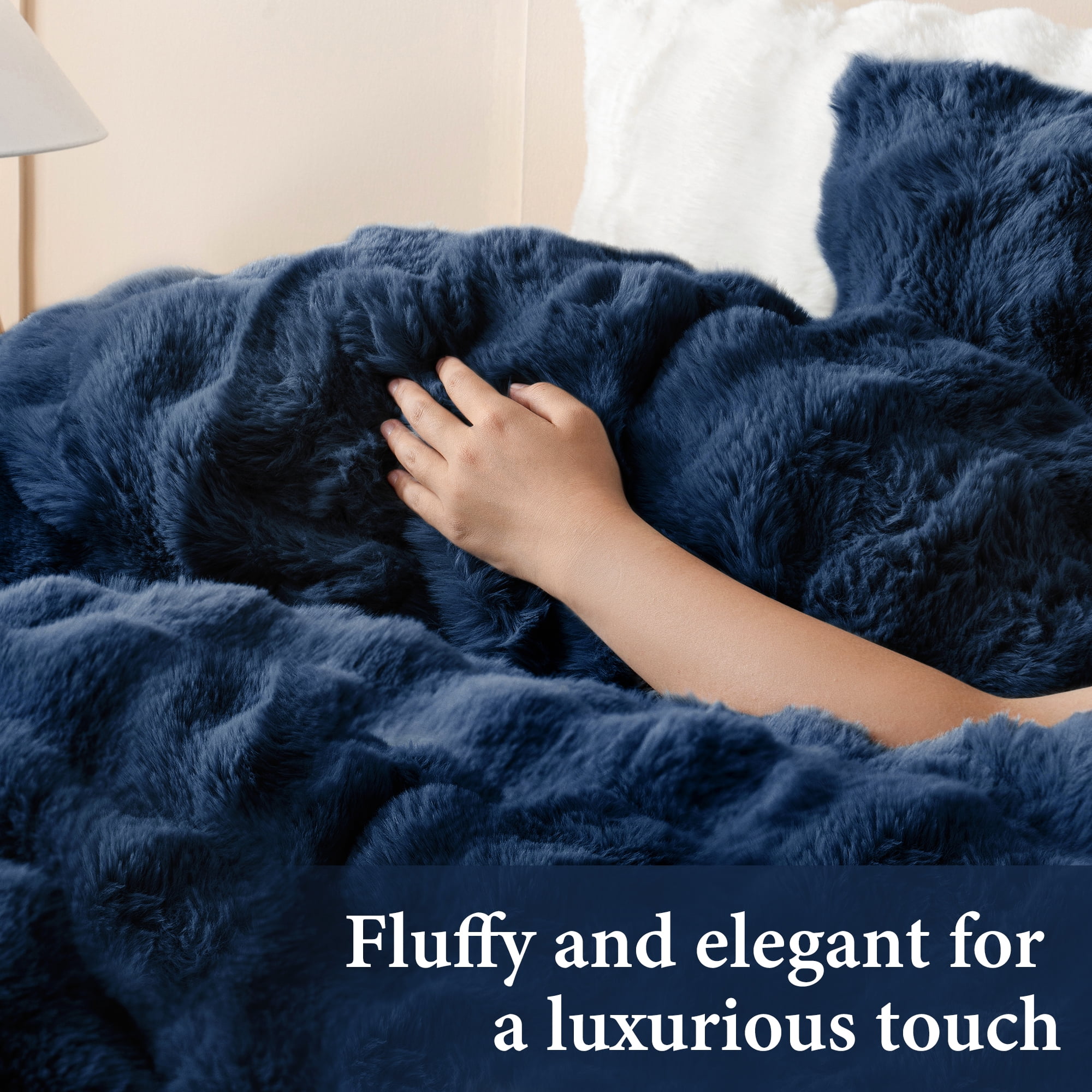 BLEUM CADE 3 Piece Fluffy Comforter Set King Size,Fuzzy Soft Faux Rabbit Fur Bedding Set,Shaggy Plush Duvet Cover Set with 2 Pillowcases,Navy Blue