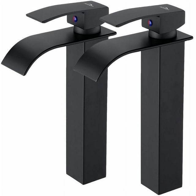 Grifo de lavabo en cascada de 2 piezas, grifo de baño monomando moderno de caño alto negro para lavabo de encimera, apto para lavabo sobre encimera