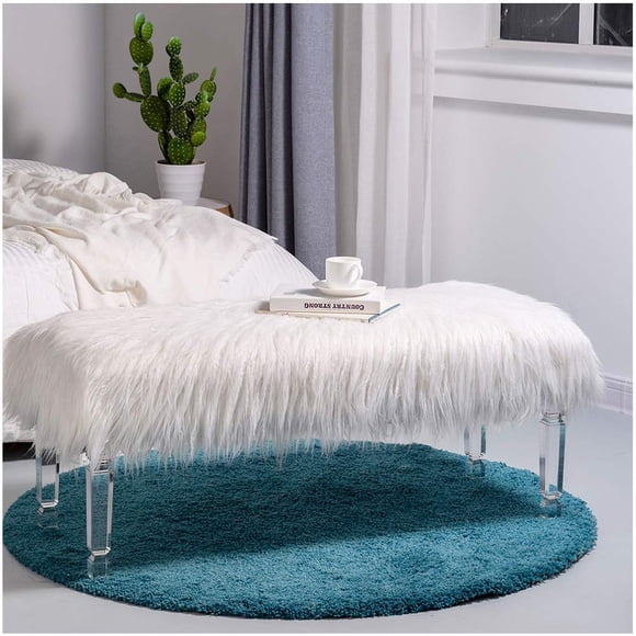 glitzhome Modern Style White Faux Fur Ottoman Footrest Stool Vanity Stool with Acrylic Legs Accent Bench for Bedroom