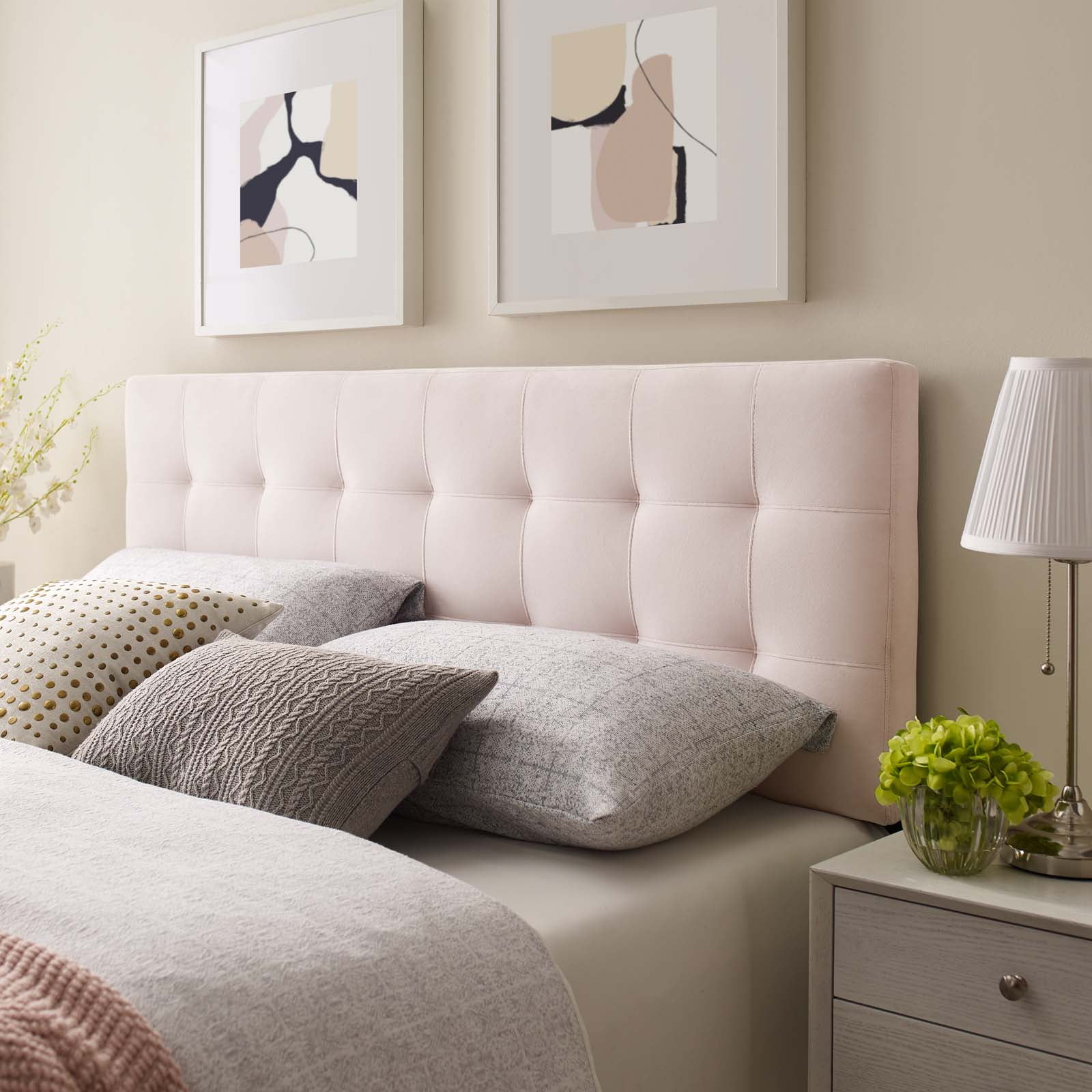 Contemporary Modern Urban Designer Bedroom Queen Size Tufted Headboard, Velvet Fabric, Pink