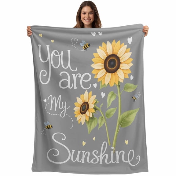 You Are My Sunshine Blanket Soft Cozy Warm Throw Blanket for Couch, Plush Fuzzy Flannel Fleece Blankets for Sofa, Yellow Sunflowers Cute Bees Heart Grey Bed Blankets Gifts for Men, 32"x48"