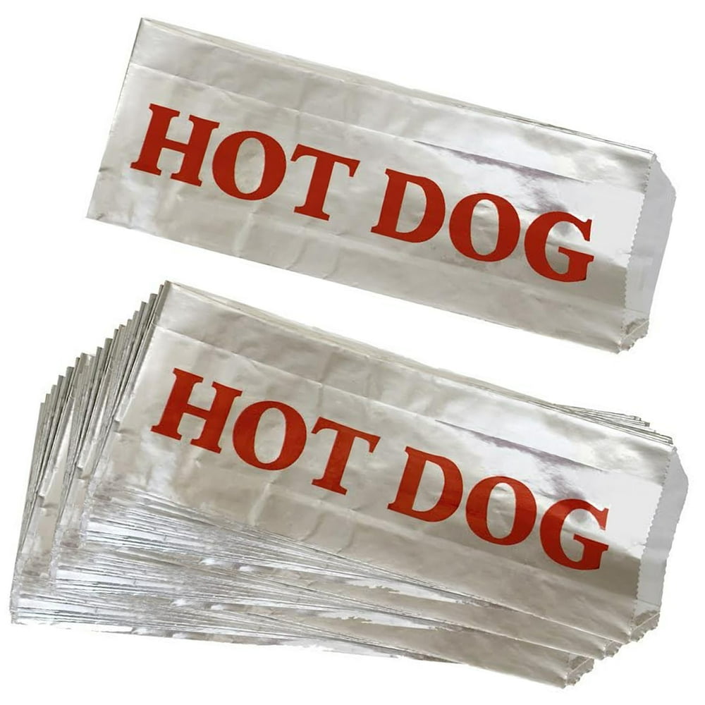 50 Printed Foil Hot Dog Bags Silver Red