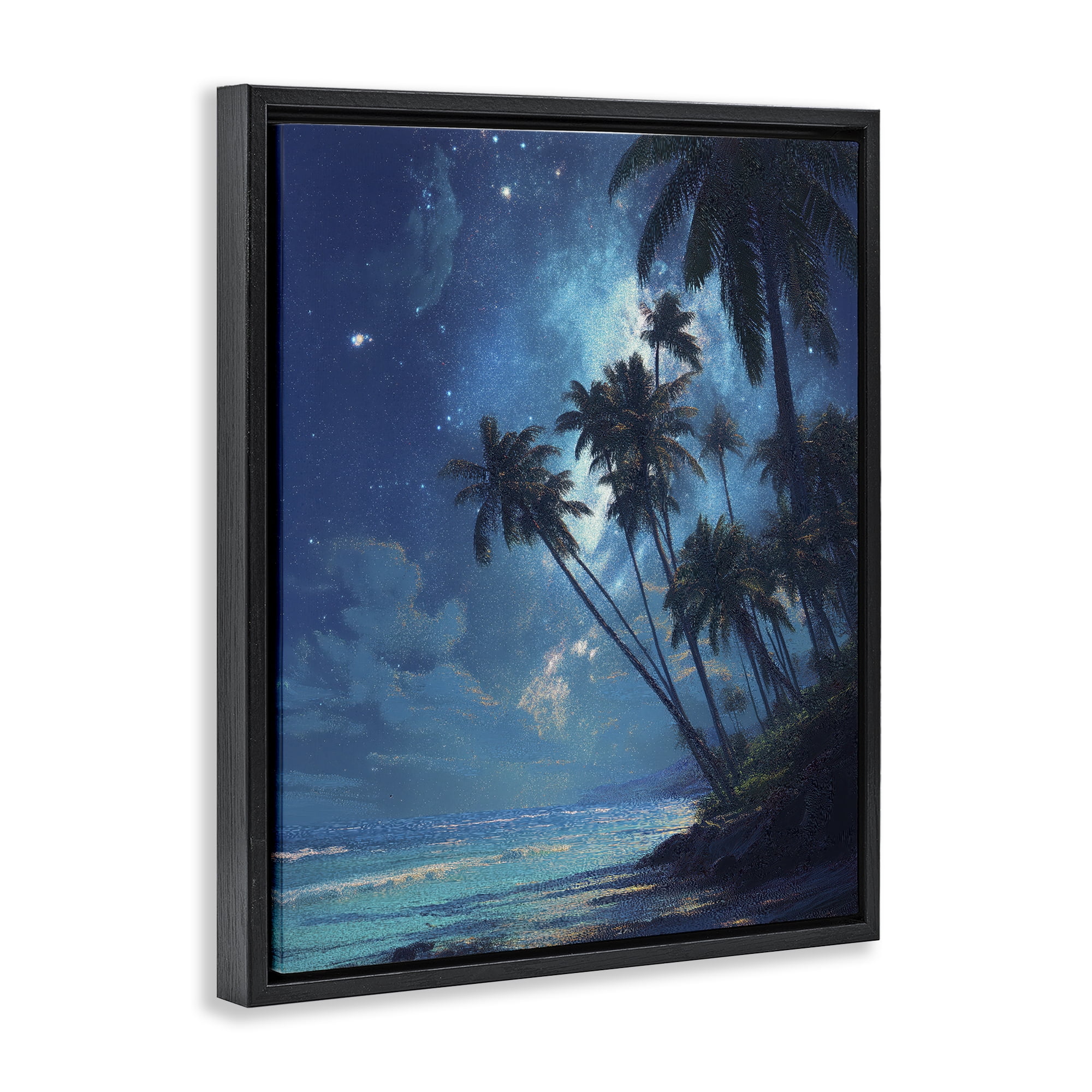 Moonlit Beach Palm Trees Black Framed Floater Canvas Wall Art, design by Ziwei Li
