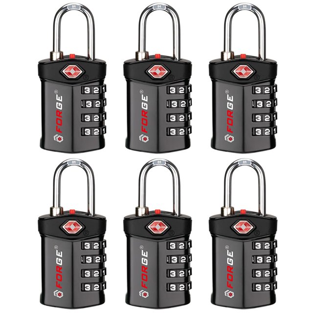 Forge TSA Approved Luggage Locks for Air Travel, Gym Lockers, School Lockers, Pelican Cases, Easy Read Dials, Durable Alloy Body, Black 6 Pack.