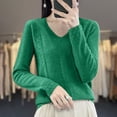 thumbnail image 1 of Suéter de cuello en V para mujer, color liso, manga larga, cuello en V, suéter de punto con flores torcidas, blusa para mujer, 1 of 3