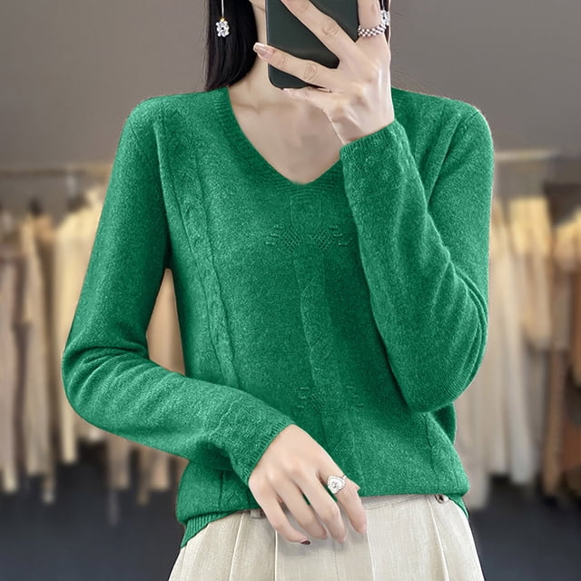 Suéter de cuello en V para mujer, color liso, manga larga, cuello en V, suéter de punto con flores torcidas, blusa para mujer