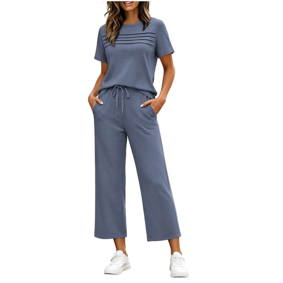 IUYRTFE Women Solid Color Short Sleeve Top and Drawstring Wide Leg Pants Set Casual 2 Piece Outfit