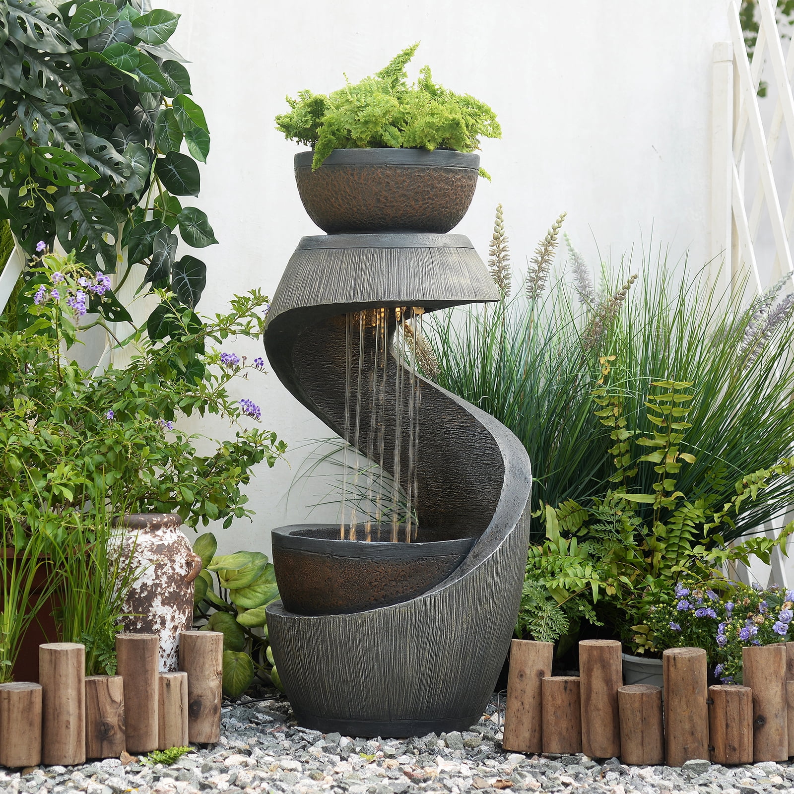 Freestanding S-Curve Waterfall Fountain Outdoor Garden Patio Decor with Planter