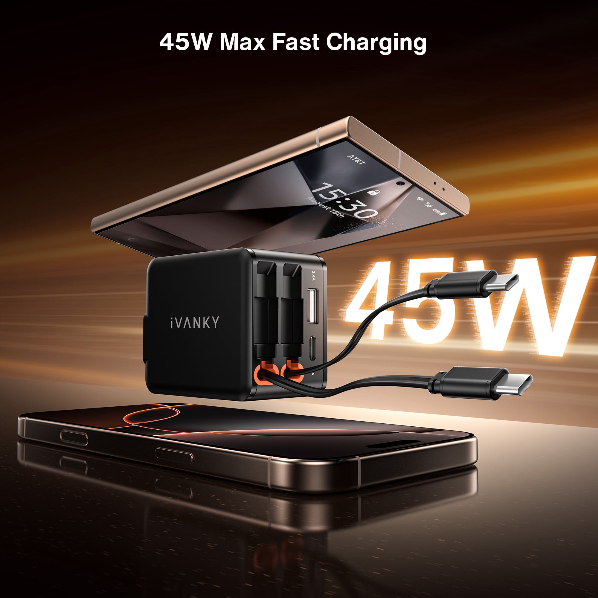 4-in-1 45W Fast Charging Retractable Wall Charger with Dual USB C Cables