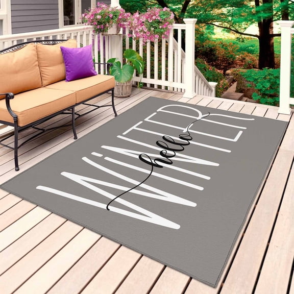 Hello Winter Outdoor Rug 4x6 Ft, Non Slip Washable Area Rug, Grey Merry Christmas Holiday Patio Rugs Carpet Runner, Large Floor Mat for Indoor/Outdoor Deck Porch Camping