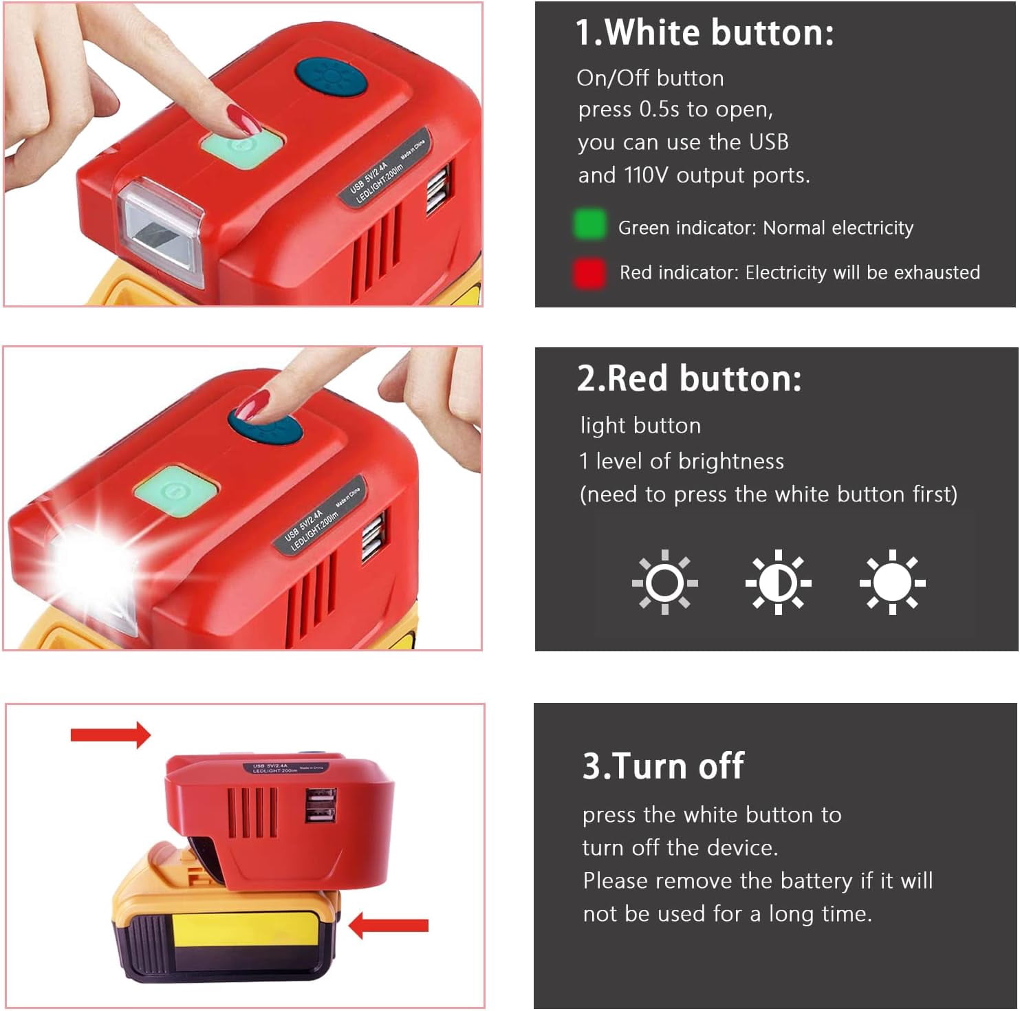 Power Inverter for DeWALT 20V Battery, 150Watt Powered Inverter Generator, with 1 AC Outlet 2 USB Ports LED Light Outdoor Generator for Road Trip, Home Emergency, Laptops, USB Charger Adapter